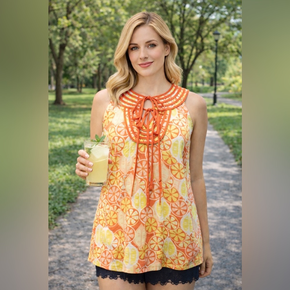 CROWN & IVY Citrus Slice Tie-Neck Hi-Low Top — NWOT